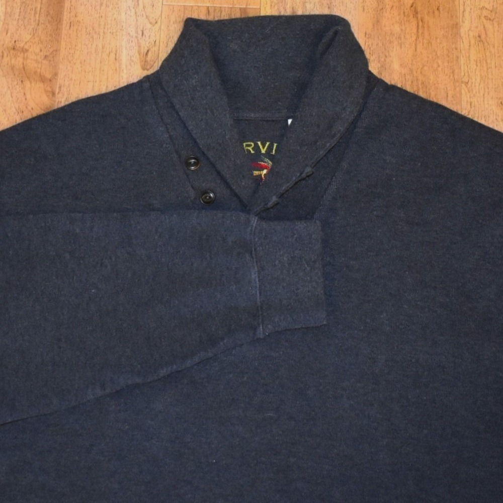 Orvis Shawl Collar Pullover Mens Large Gray Button Neck Cotton Sweatshirt